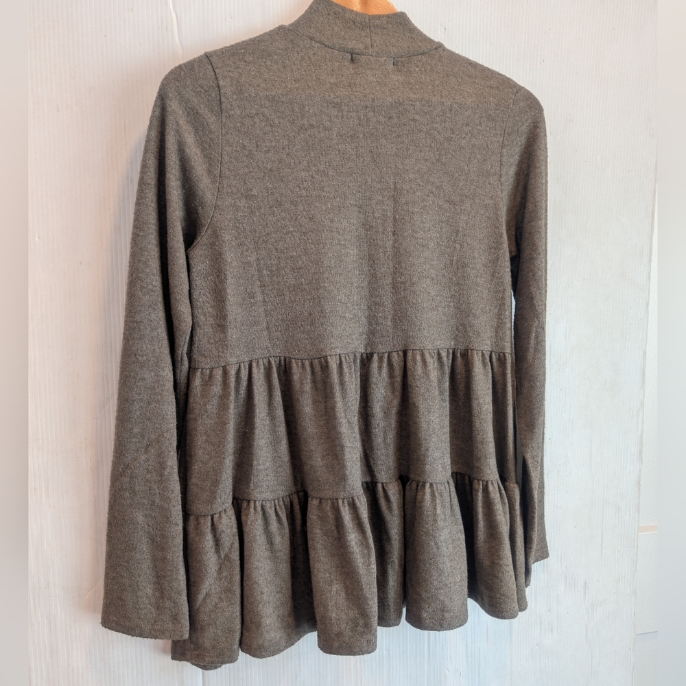 ENTRO Women's Brown Cozy Tiered Ruffle Long Sleeve Sweater Top Boho - Picture 6 of 6
